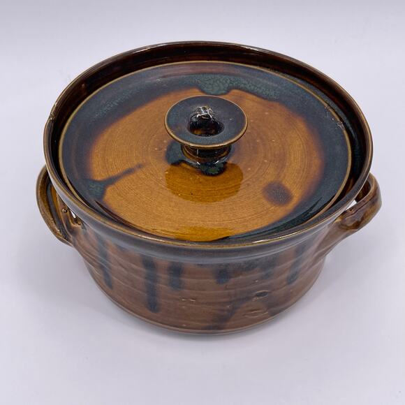 Handmade Bear Pottery Serving Bowl Dish with Lid Brown Drip Highland Wisconsin - Picture 9 of 16